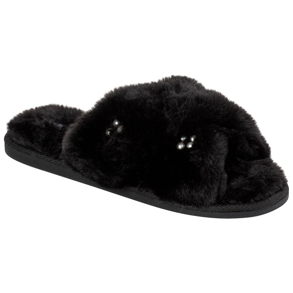 Womens Nicole Miller Pearl Cross Band Open Toe Slide Slippers