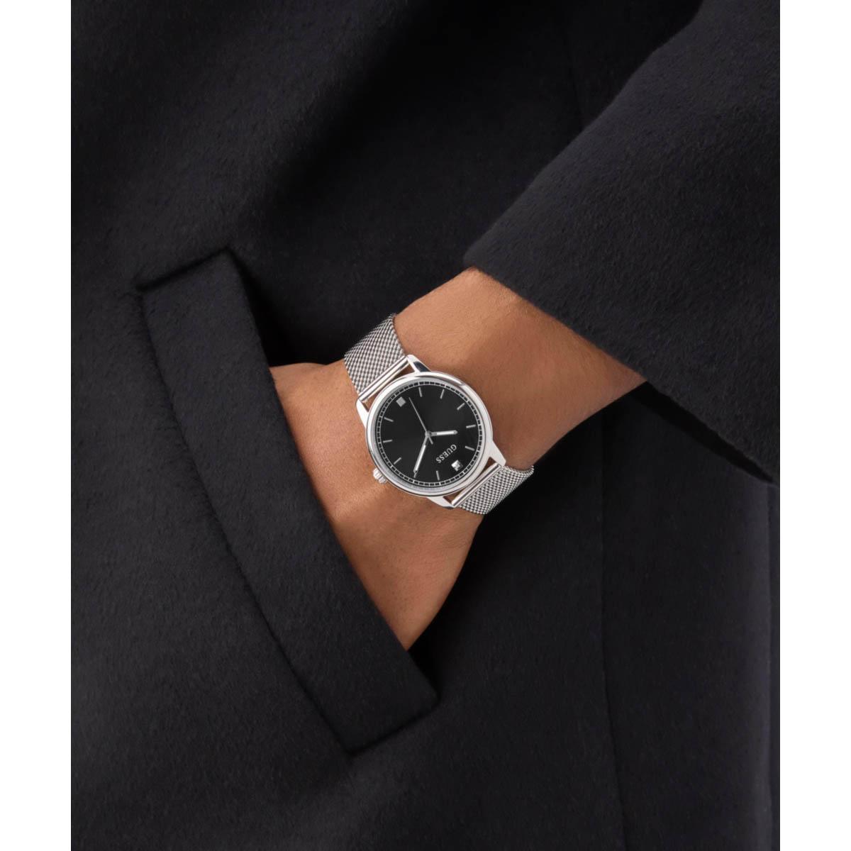 Mens Guess Silver-Tone Black Sunray Dial Watch - GW09746G1