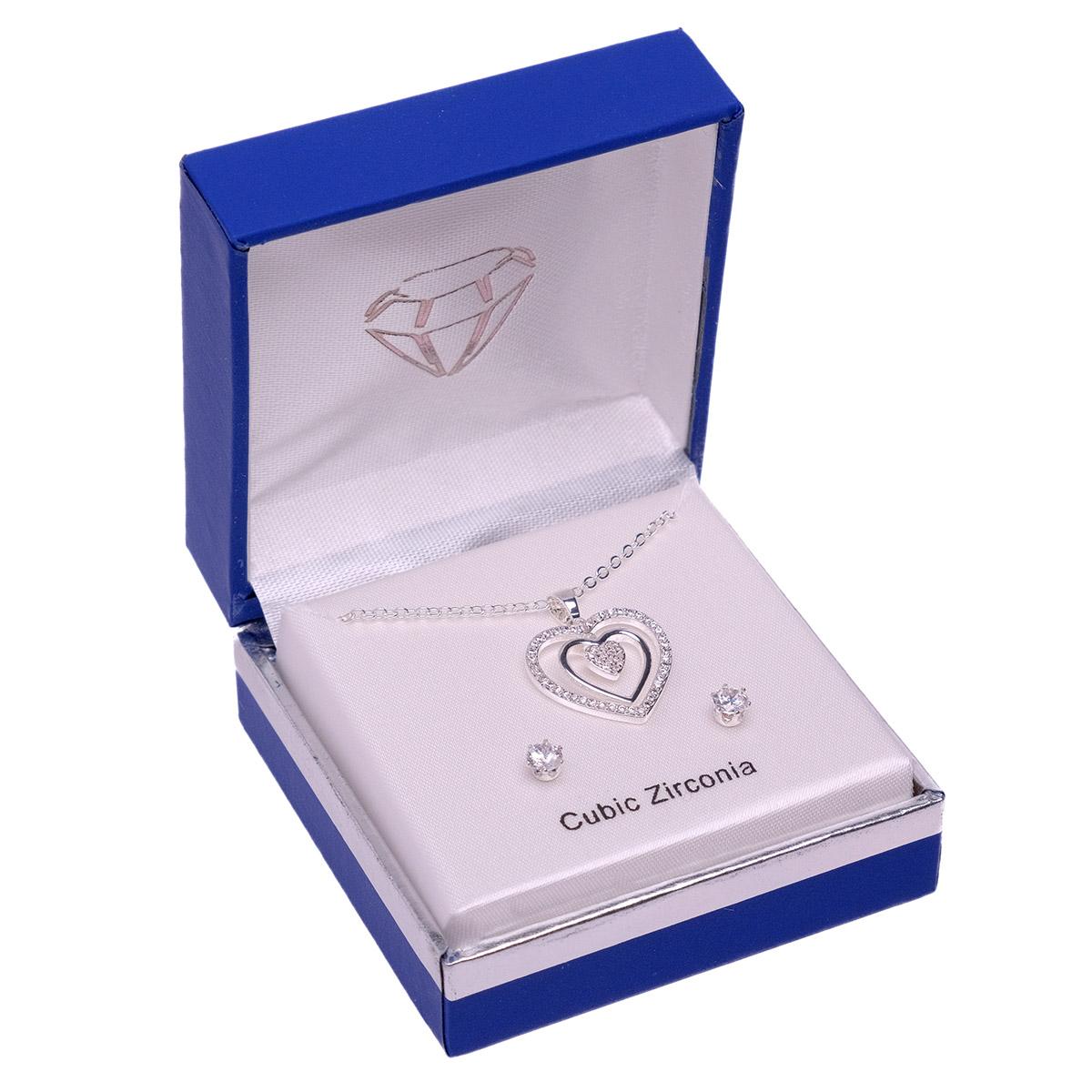 Silver-Tone CZ Heart Pendant & Earring Set