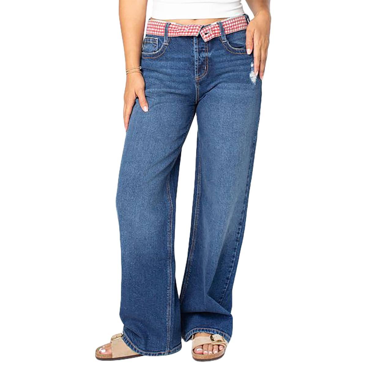 Juniors Celebrity Pink Low Rise Fold Over Baggy Wide Leg Jeans