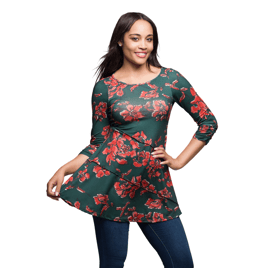 Womens 24/7 Comfort Apparel Green Floral 3/4 Sleeve Tunic