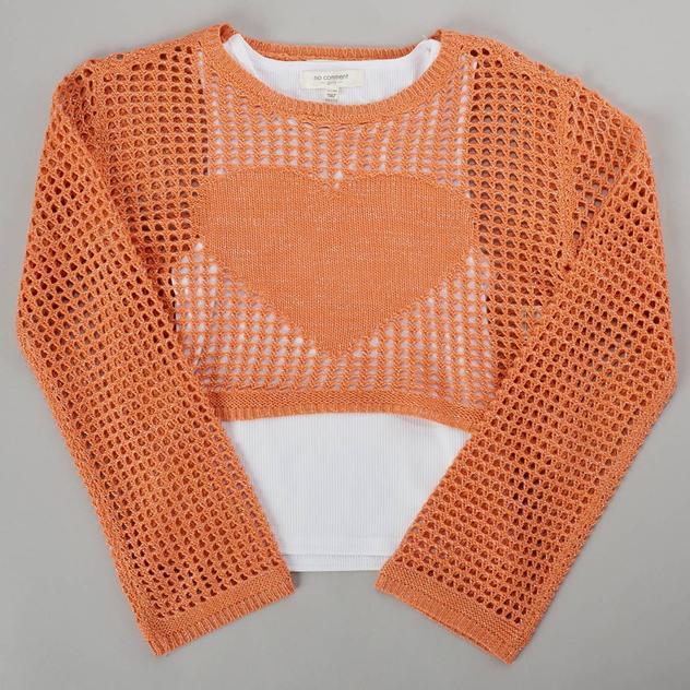 Girls (7-16) No Comment 2Fer Long Sleeve Crochet Heart Top & Tank