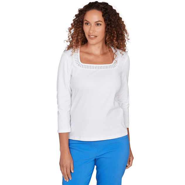 Petite Hearts of Palm Embraceable Blue Square Neck Blouse