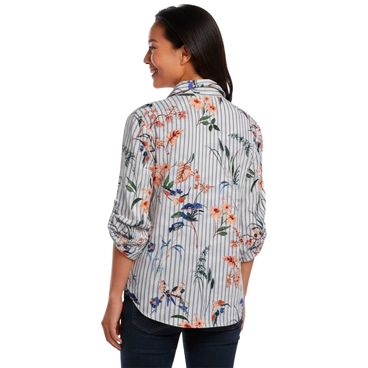 Plus Size Notations Roll Tab Sleeve Tropical Floral Button Down