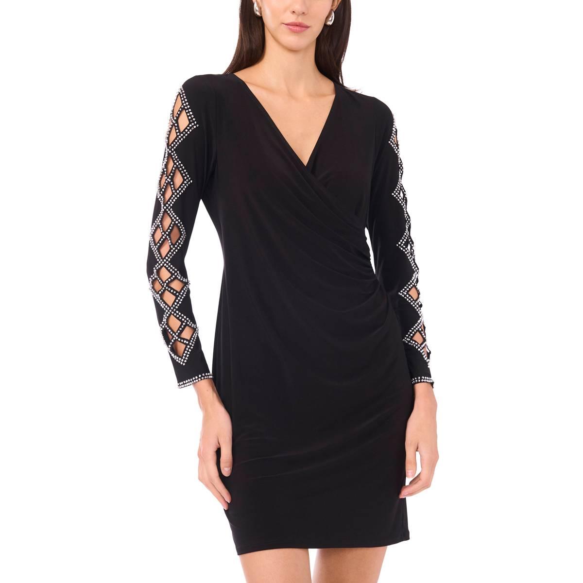 Plus Size MSK Cutout Long Sleeve Rhinestone Surplice A-Line Dress