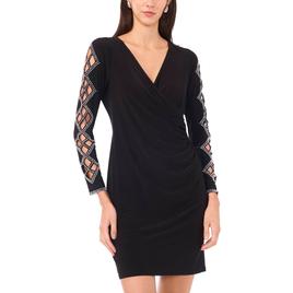 Plus Size MSK Cutout Long Sleeve Rhinestone Surplice A-Line Dress