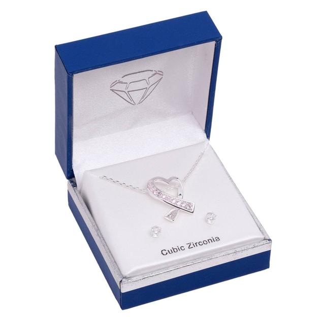 Silver-Tone CZ Pink Ribbon Heart Pendant & Earrings Set
