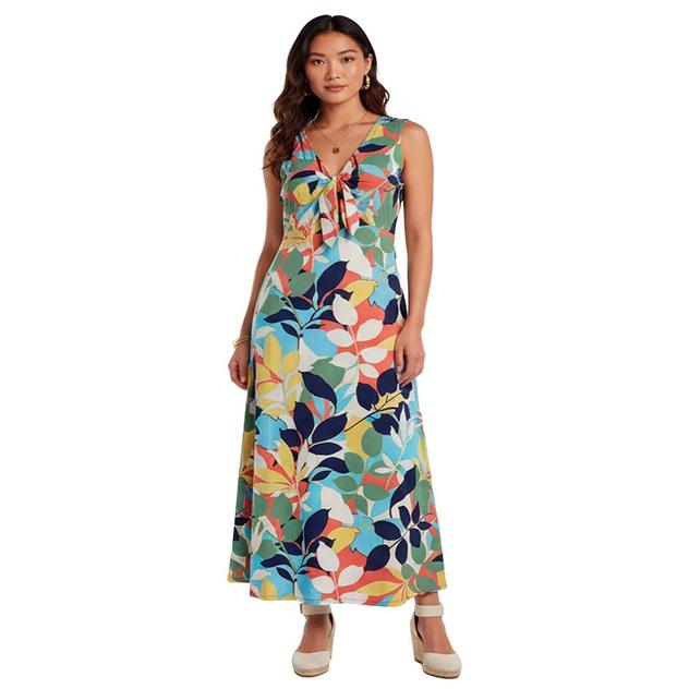 Womens Nina Leonard Sleeveless Tie Neck Tropical Leaf Maxi Dress