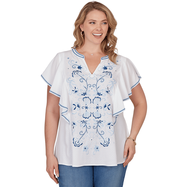 Plus Size Ruby Rd. French Riviera Ruffle Sleeve Embroidery Blouse