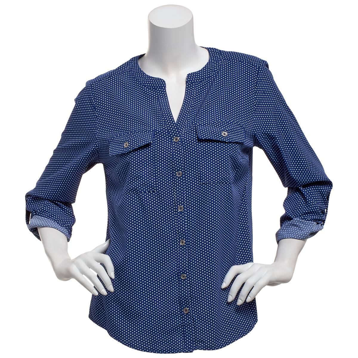 Womens Notations 3/4 Roll Tab Sleeve Dot Split Neck Blouse