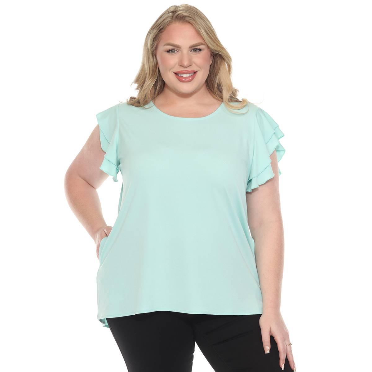 Plus Size White Mark Ruffled Sleeve Solid Top