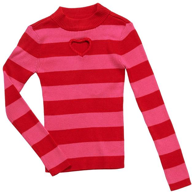 Girls (7-16) Luv Betsey Mock Neck Stripe Heart Cut Out Sweater