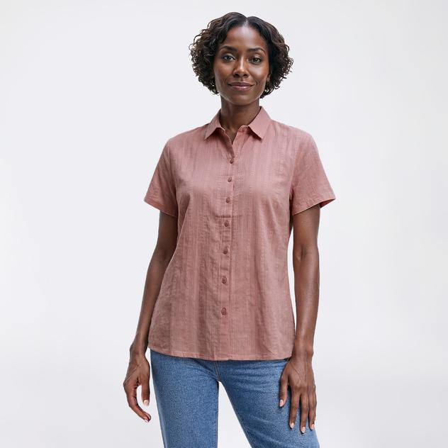 Petite Preswick & Moore® Short Sleeve Solid Dobby Button Down