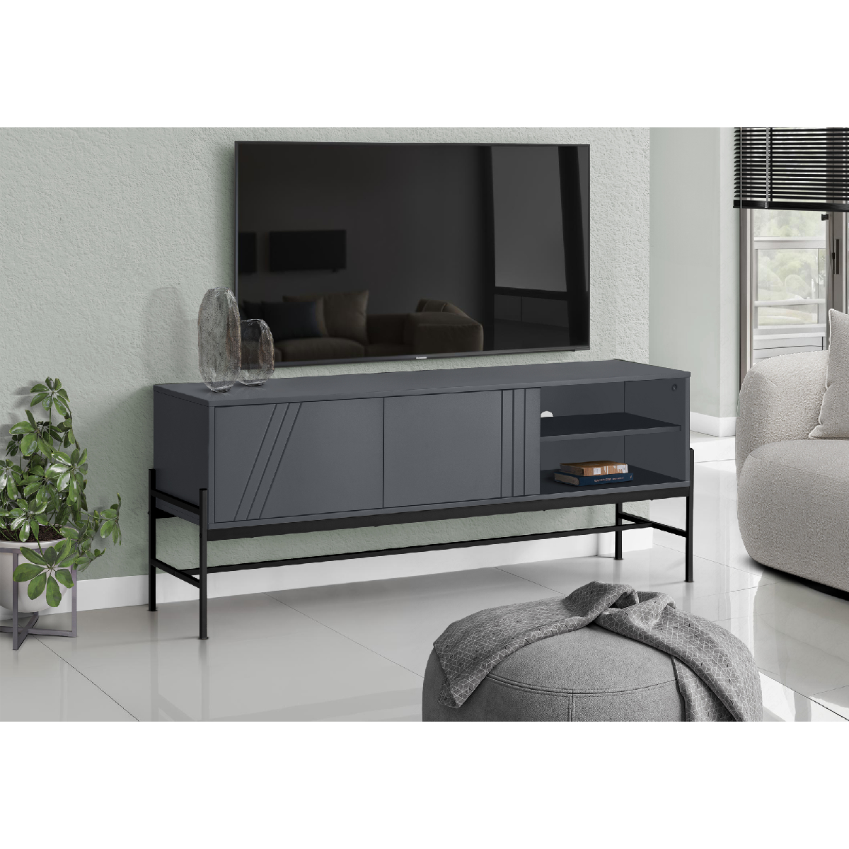 Monarch Specialties 60in. Black Metal TV Stand with Storage