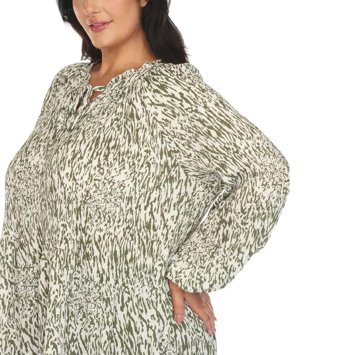 Plus Size White Mark Long Sleeve Tie Neckline Animal Blouse