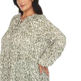 Plus Size White Mark Long Sleeve Tie Neckline Animal Blouse
