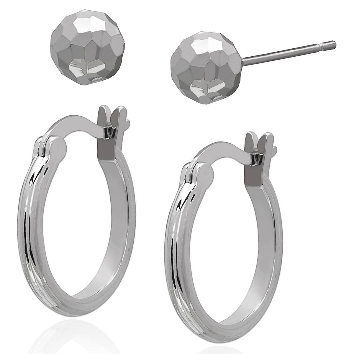 Gianni Argento Silver Plated Ball Stud & Hoop Earrings Set
