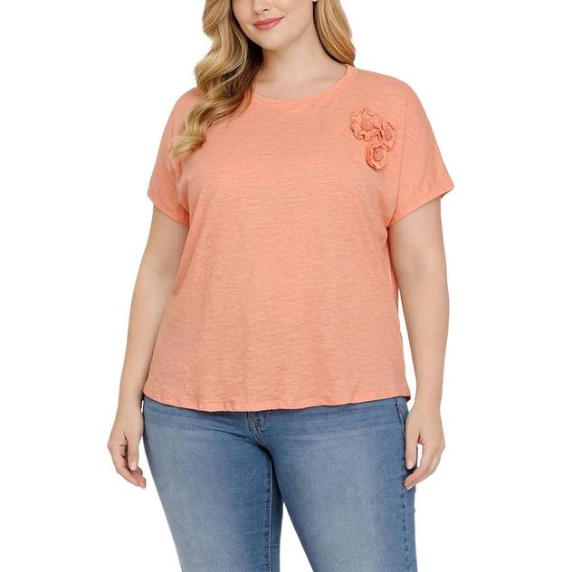 Plus Size NY Collection Short Sleeve Solid Floral Detail Blouse
