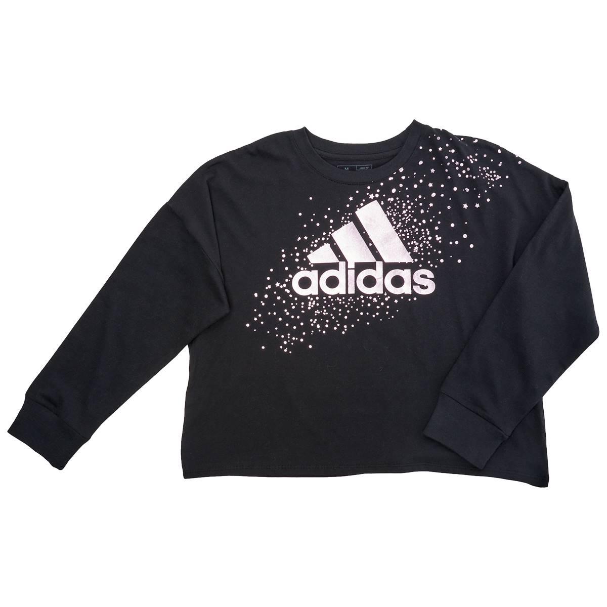 Girls (7-16) adidas(R) Long Sleeve Foil Logo with Stars Boxy Tee