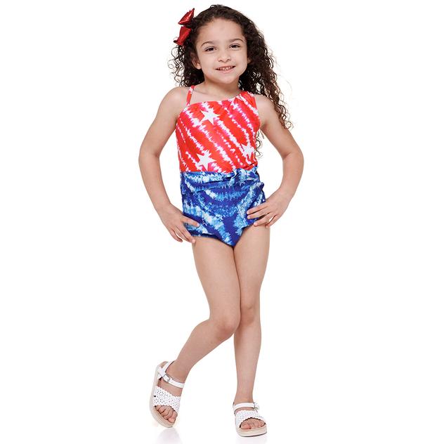 Girls (7-16) Breaking Waves Patriotic Tie Dye One Piece Swimsuit