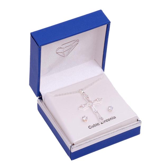 Silver-Tone CZ Cross Pendant & Earring Set