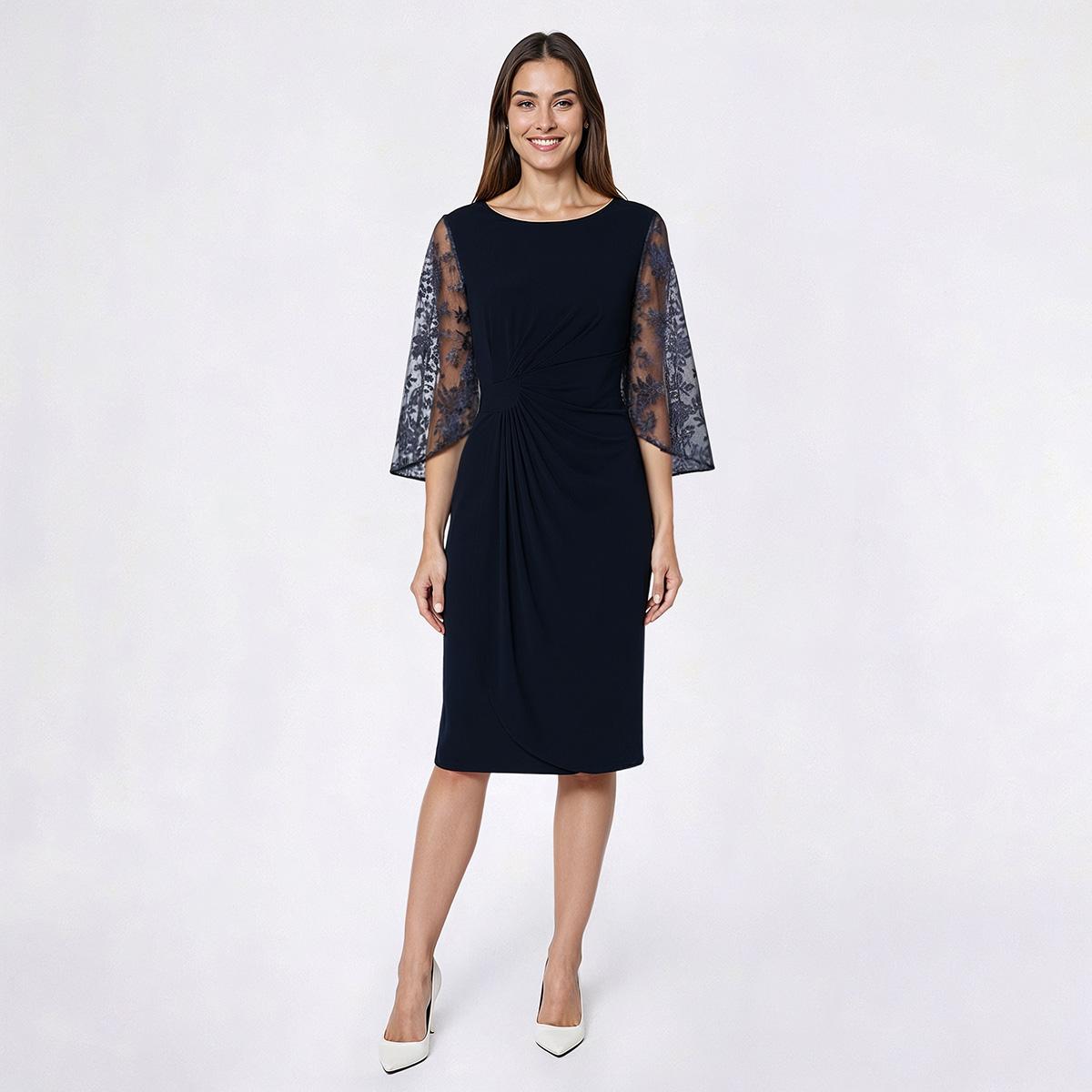 Womens Connected Apparel 3/4 Sheer Sleeve Side Ruch Sheath Dress