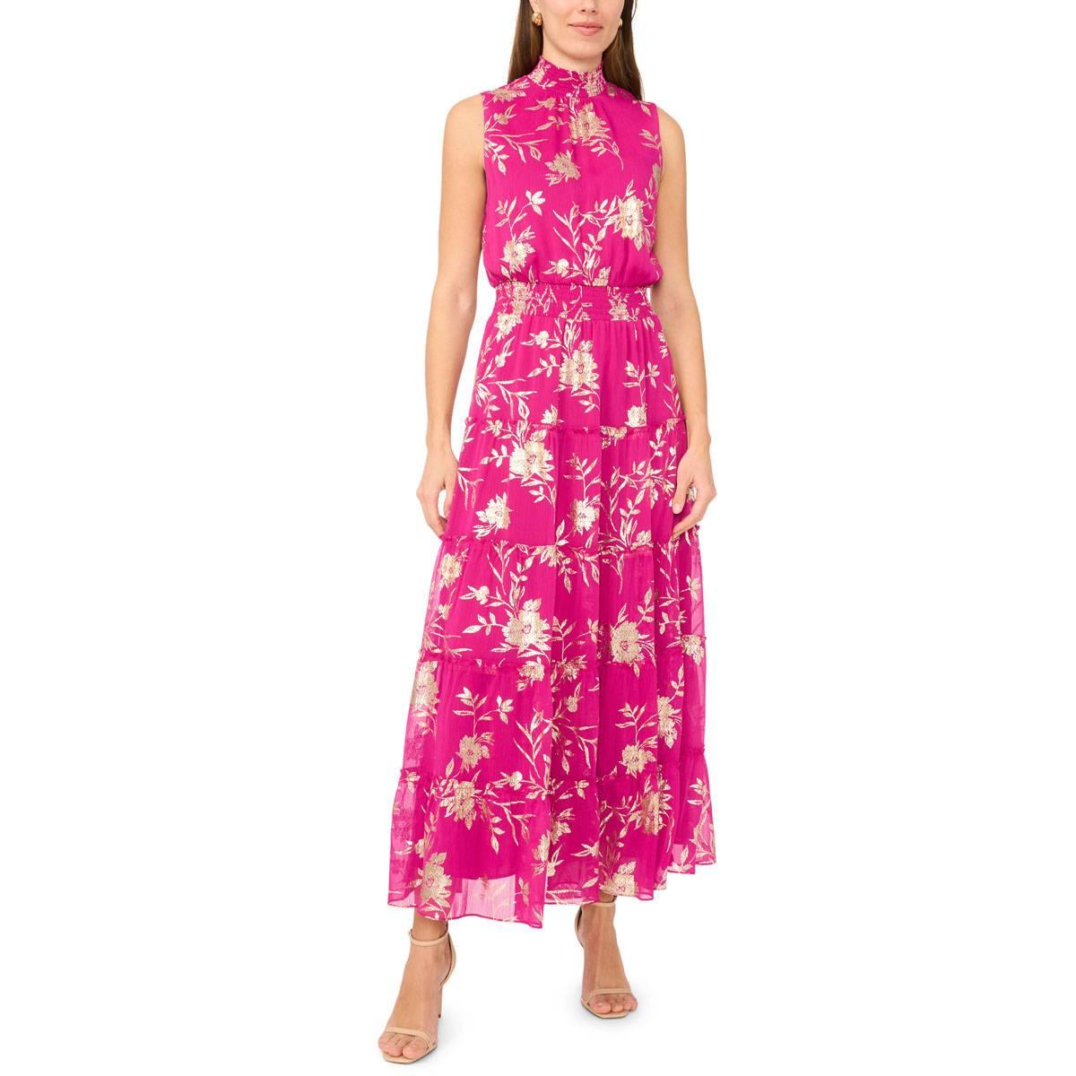 Womens MSK Sleeveless Mock Neck Foil Floral Tier Maxi Dress
