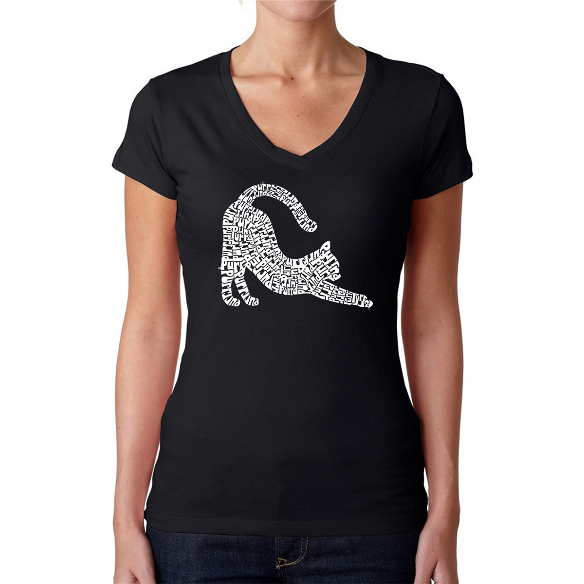 Womens LA Pop Art Stretching Cat - Word Art V-Neck T-Shirt