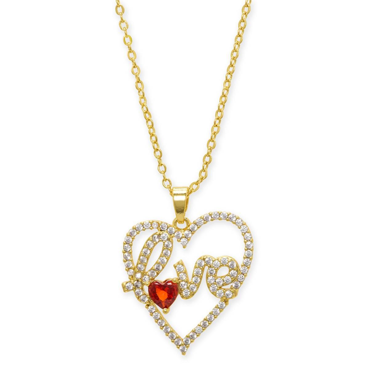 Gold Plated Lab Ruby Heart Love Script Heart Pendant