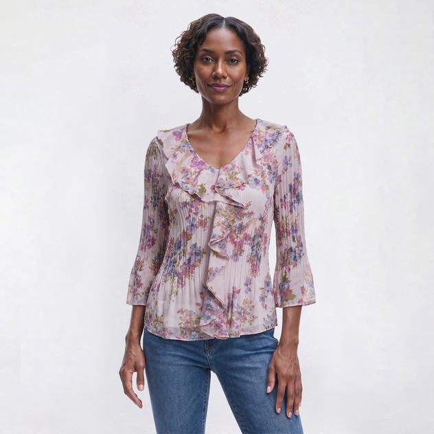 Petite Floral & Ivy 3/4 Ruffle Neck Floral Pleater Blouse