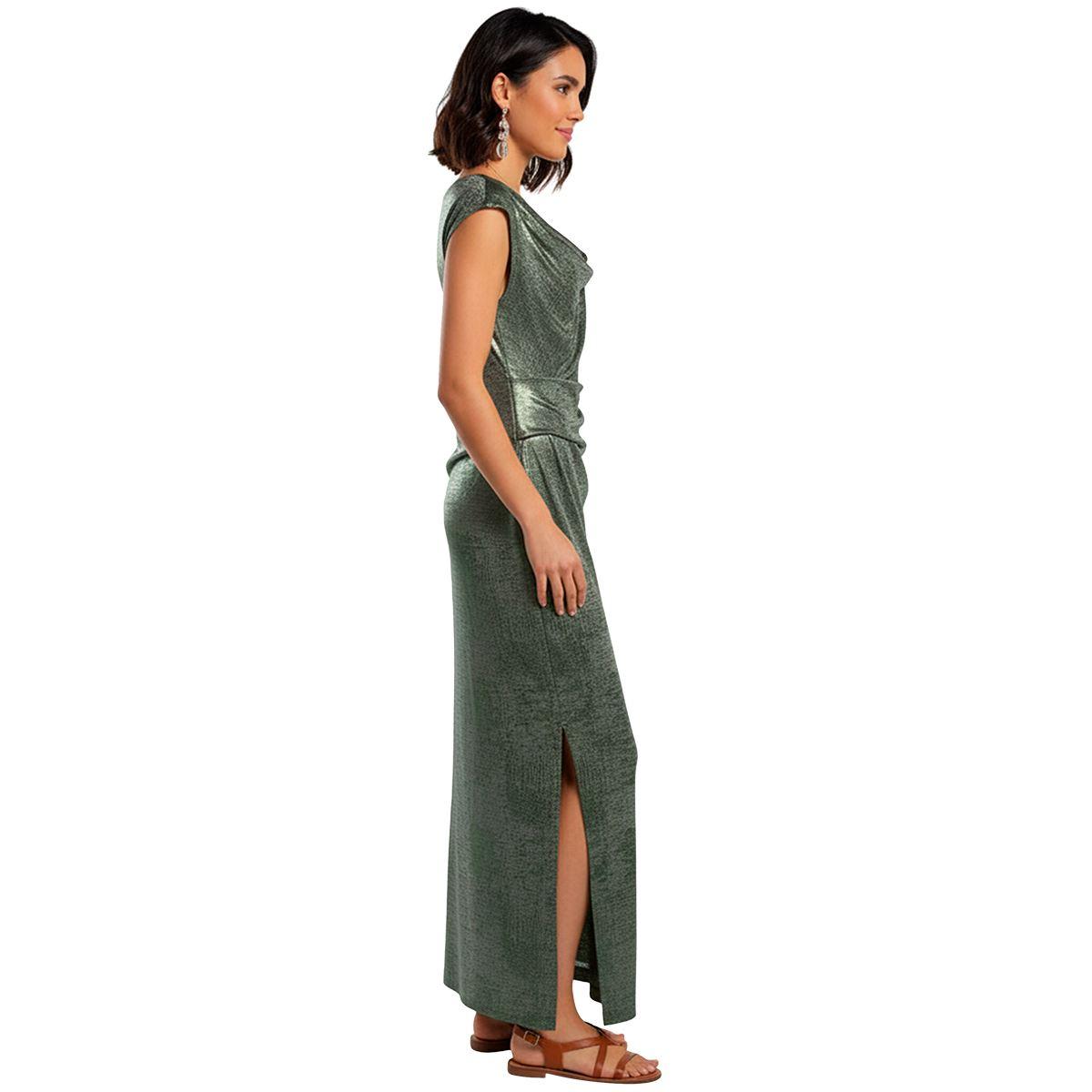 Womens Connected Apparel Drape Neck Metallic Evening Gown