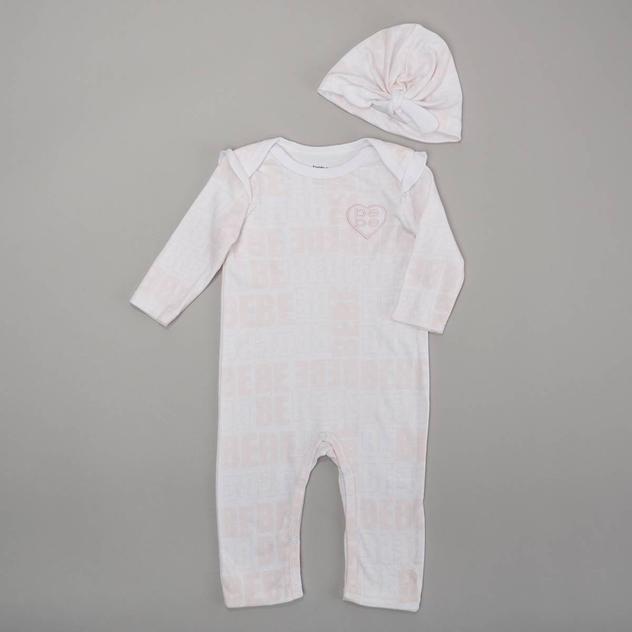 Baby Girl (NB-9M) Bebe Logo & Heart Jumpsuit with Hat