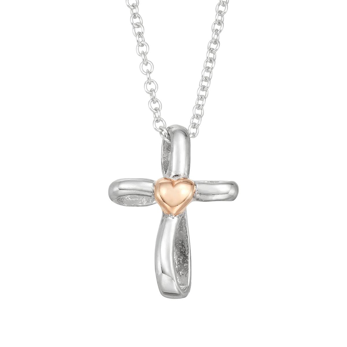 Kids Sterling Silver Cross Pendant Necklace with Pink Heart