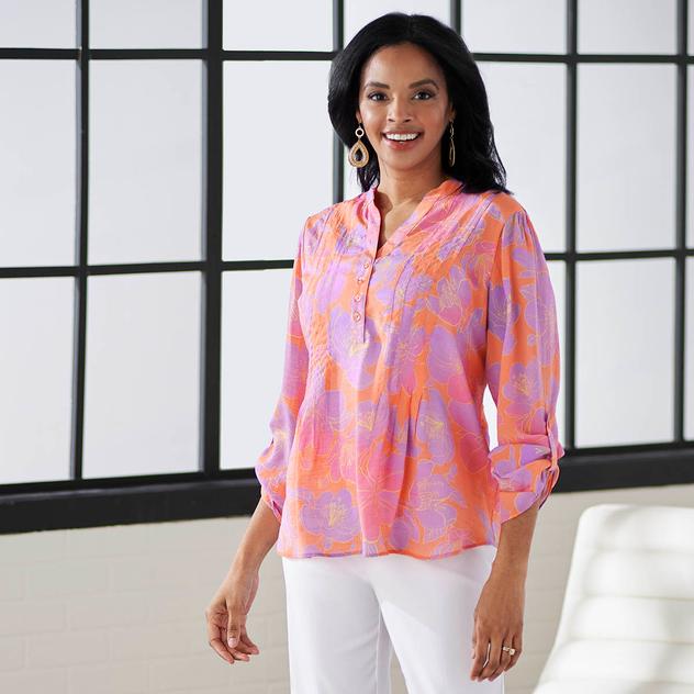 Womens Zac & Rachel 3/4 Roll Tab Sleeve Fuchsia Floral Blouse