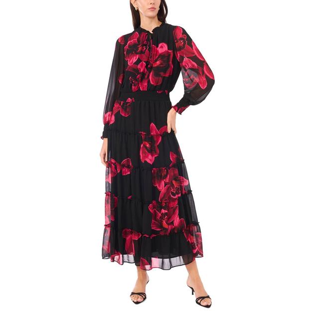 Womens MSK Long Sheer Sleeve Tie Neck Floral Tier Maxi Dress