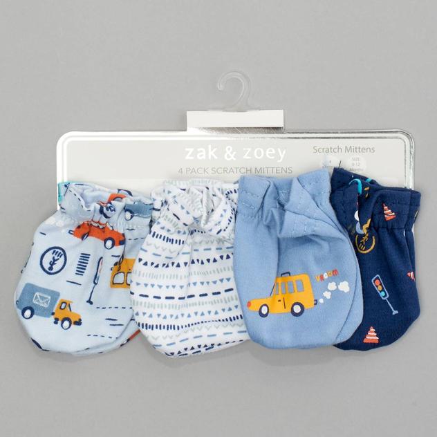 Baby Boy (NB-12M) Zak & Zoey 4pk. Vehicle Scratch Mittens