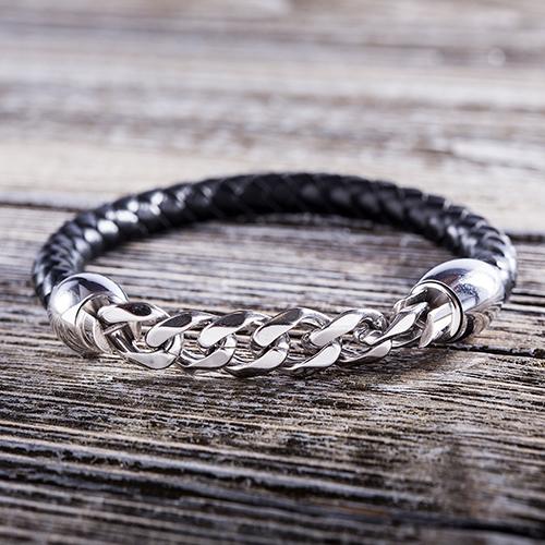 Mens Stainless Steel Cuban Chain & Black Braided Bracelet