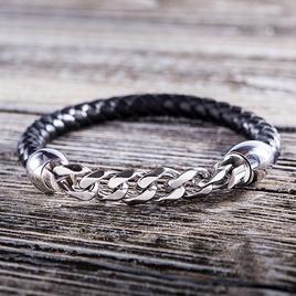 Mens Stainless Steel Cuban Chain & Black Braided Bracelet