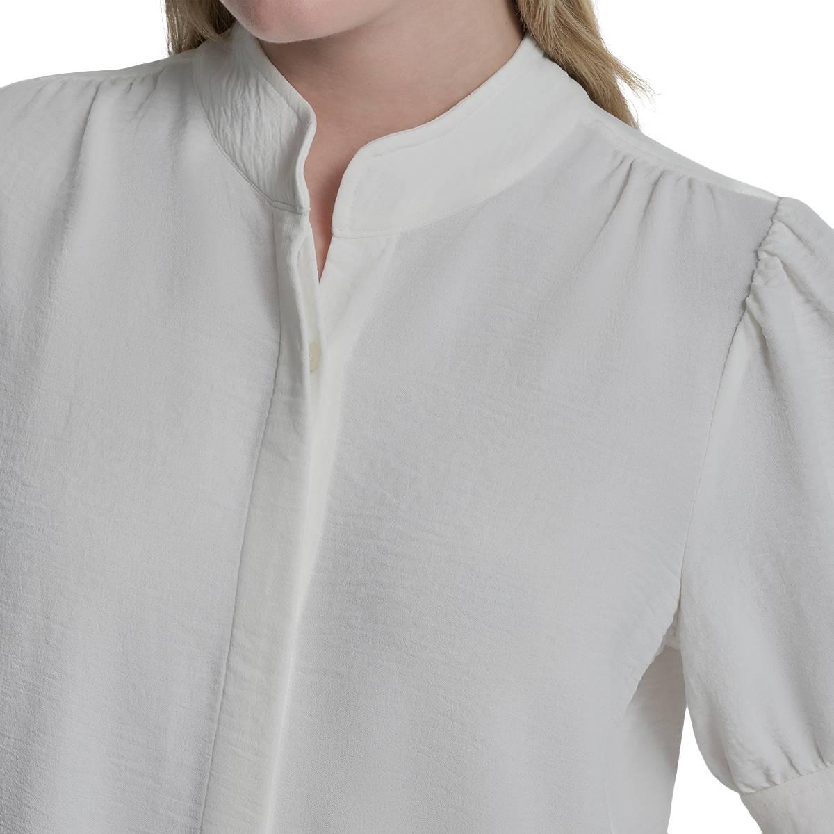 Womens DKNY Elbow Puff Sleeve Solid Button Front Blouse