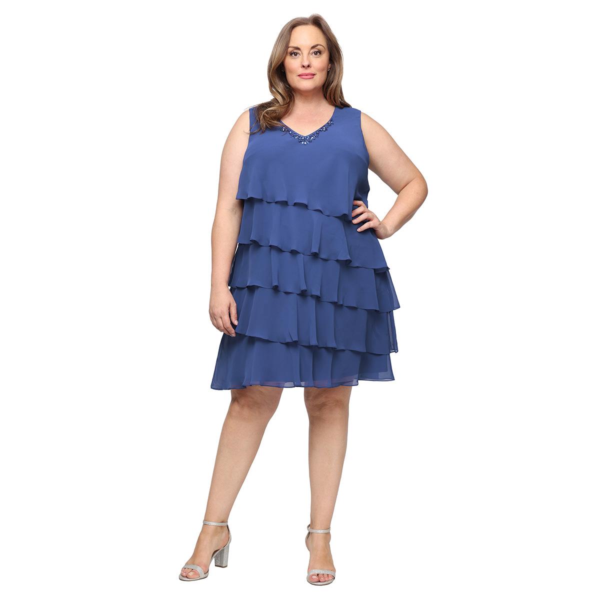 Plus Size SLNY Short Sleeve Tiered Rhinestone Detail Jacket Dress