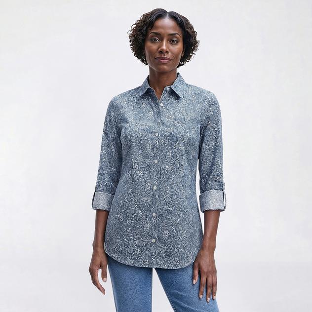Womens Nautica Jeans Garden Paisley Roll Tab Sleeve Button Down