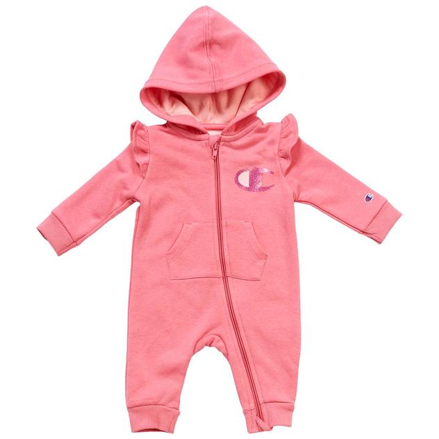 Baby Girl (3-9M) Champion® Hooded Ruffle Shimmer Zip Up Coveralls