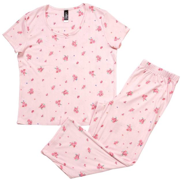Womens Charmour Short Sleeve Pointelle Floral Capri Pajama Set