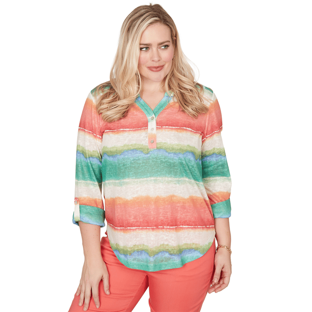 Womens Alfred Dunner Resort Living Tie Dye Stripe Henley Blouse