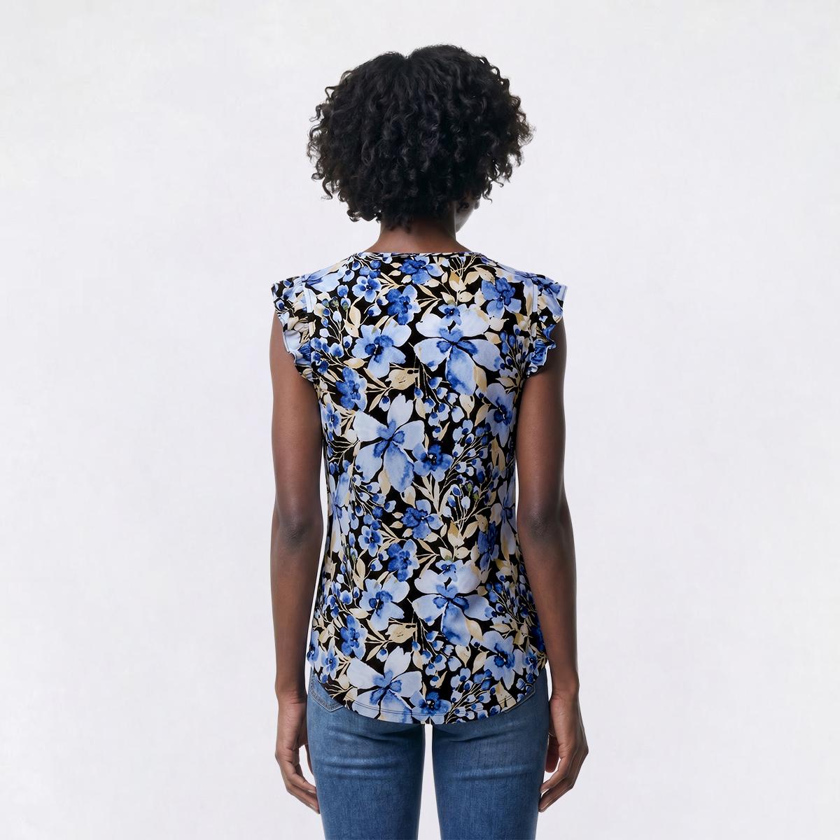 Petite Anne Klein Cap Ruffle Sleeve V Neck Floral Blouse