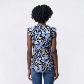 Petite Anne Klein Cap Ruffle Sleeve V Neck Floral Blouse