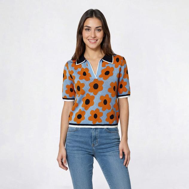 Womens Nanette Lepore Short Sleeve V Neck Retro Floral Sweater
