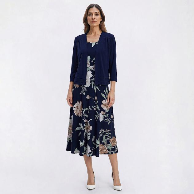 Womens Studio One 3/4 Sleeve Floral Pleated Waist Jacket Dress