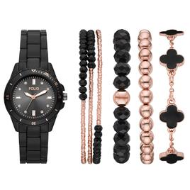 Womens Folio Black & Rose Gold-Tone Watch Set - FMDFL2064