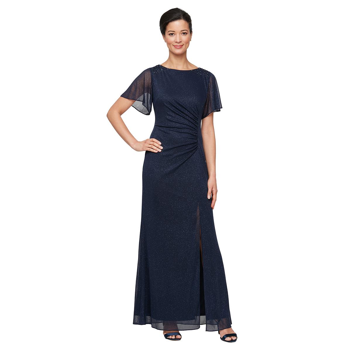 Petite SLNY Flutter Sleeve Solid Glitter Mesh Evening Gown